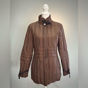 Brown Larry Levine Hip Length Down Winter Coat Size S EUC